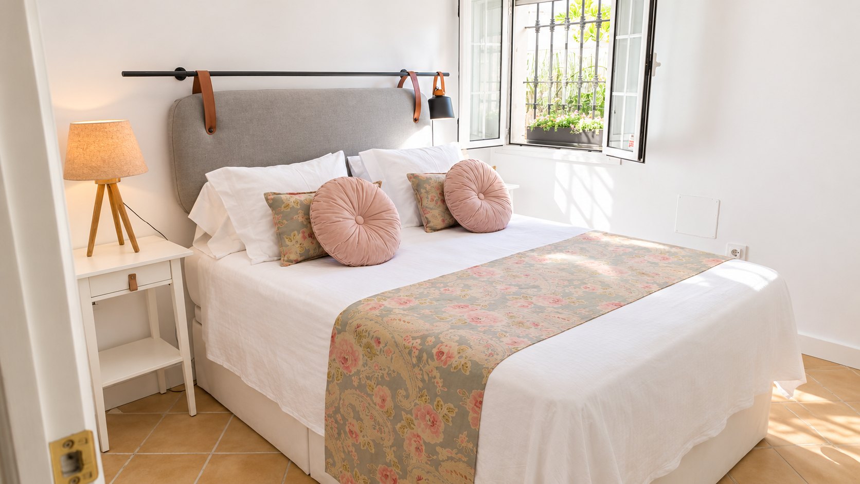 Dormitorio de matrimonio con cabecero gris, correas de cuero y ventana abierta al patio