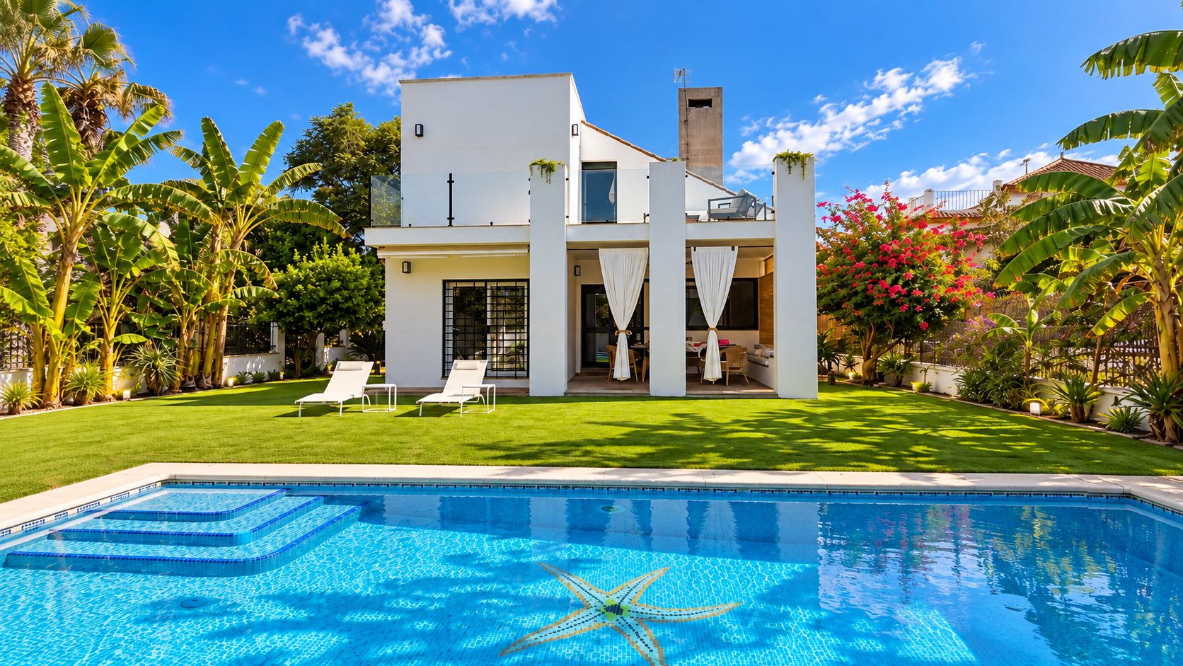Fachada de Sunset Villa Arcos con jardín y piscina
