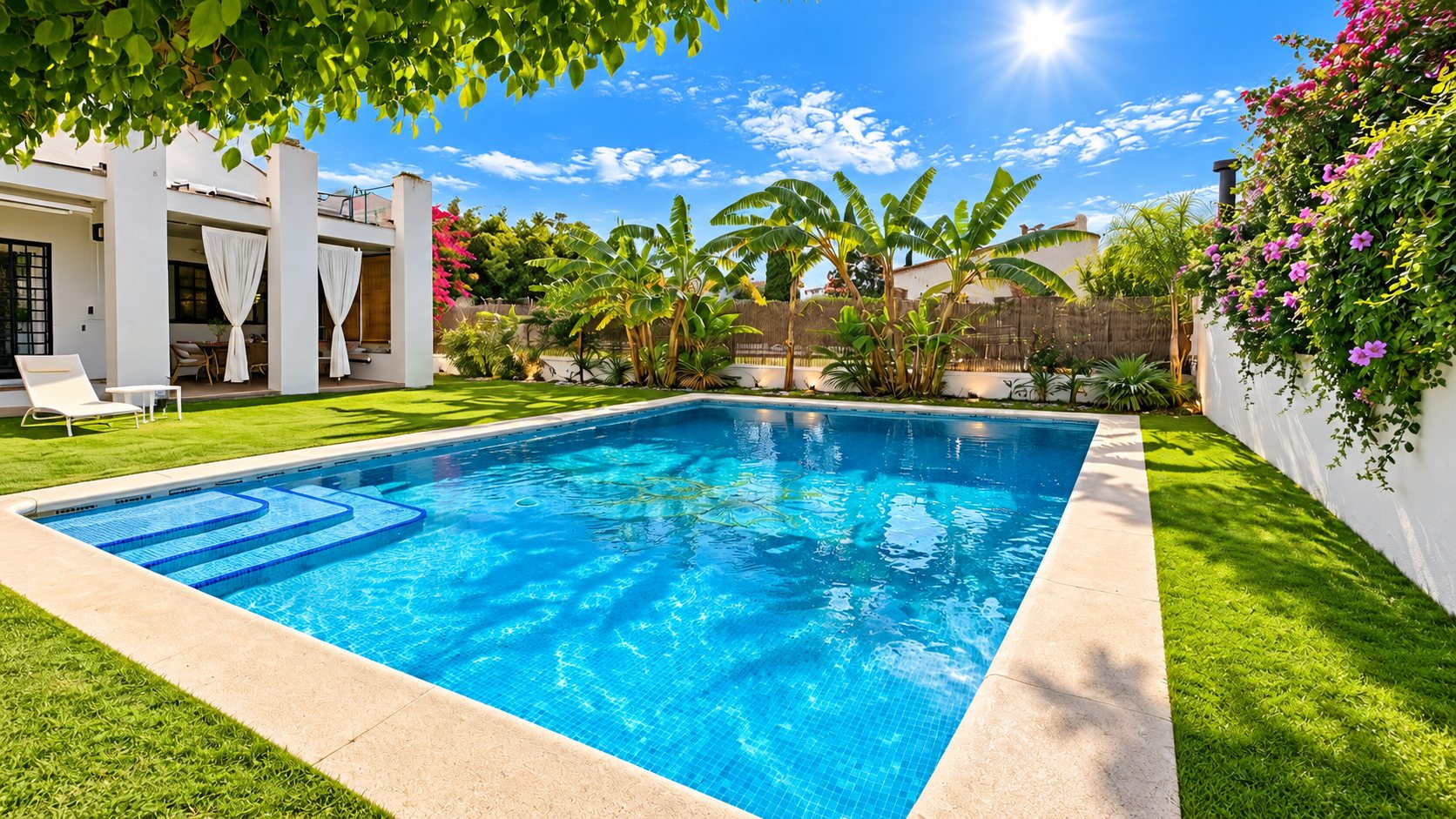 Piscina privada de Sunset Villa Arcos rodeada de césped y bugambilias