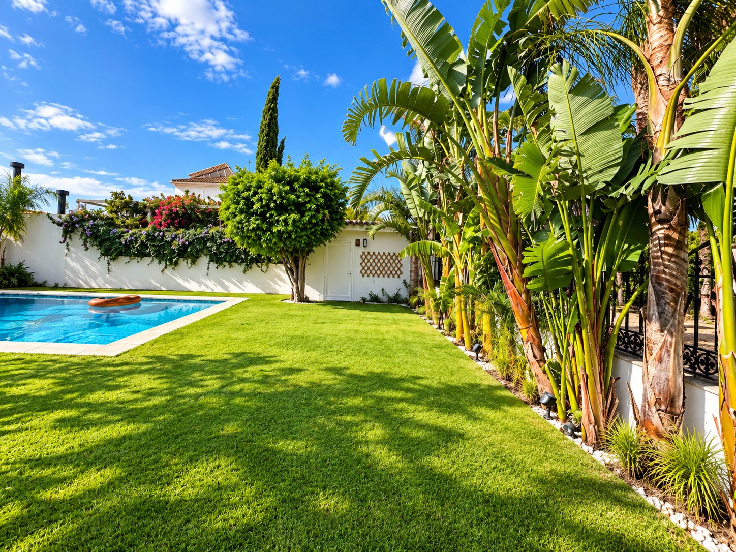 Jardín con césped, bananeros y la piscina al fondo