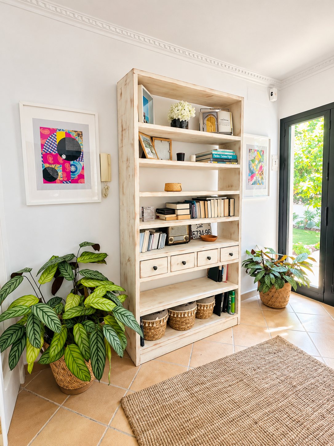 Estantería blanca con libros, cestas y plantas junto a la entrada del salón