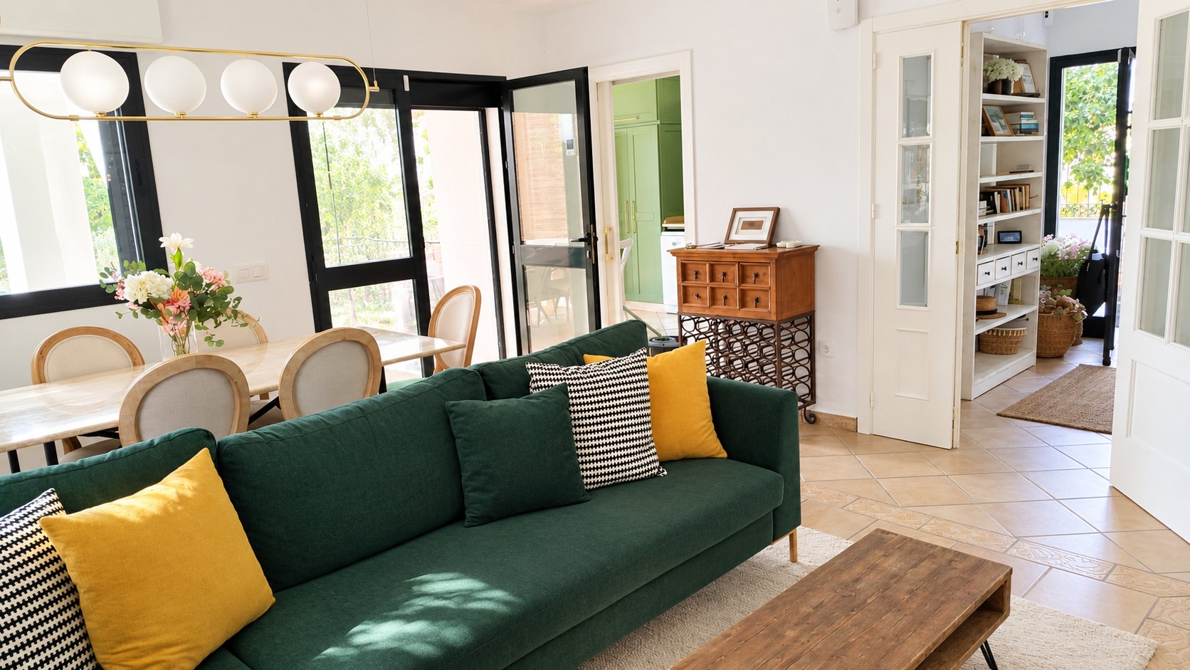 Salón comedor luminoso con sofá verde y puertas hacia la cocina y la entrada